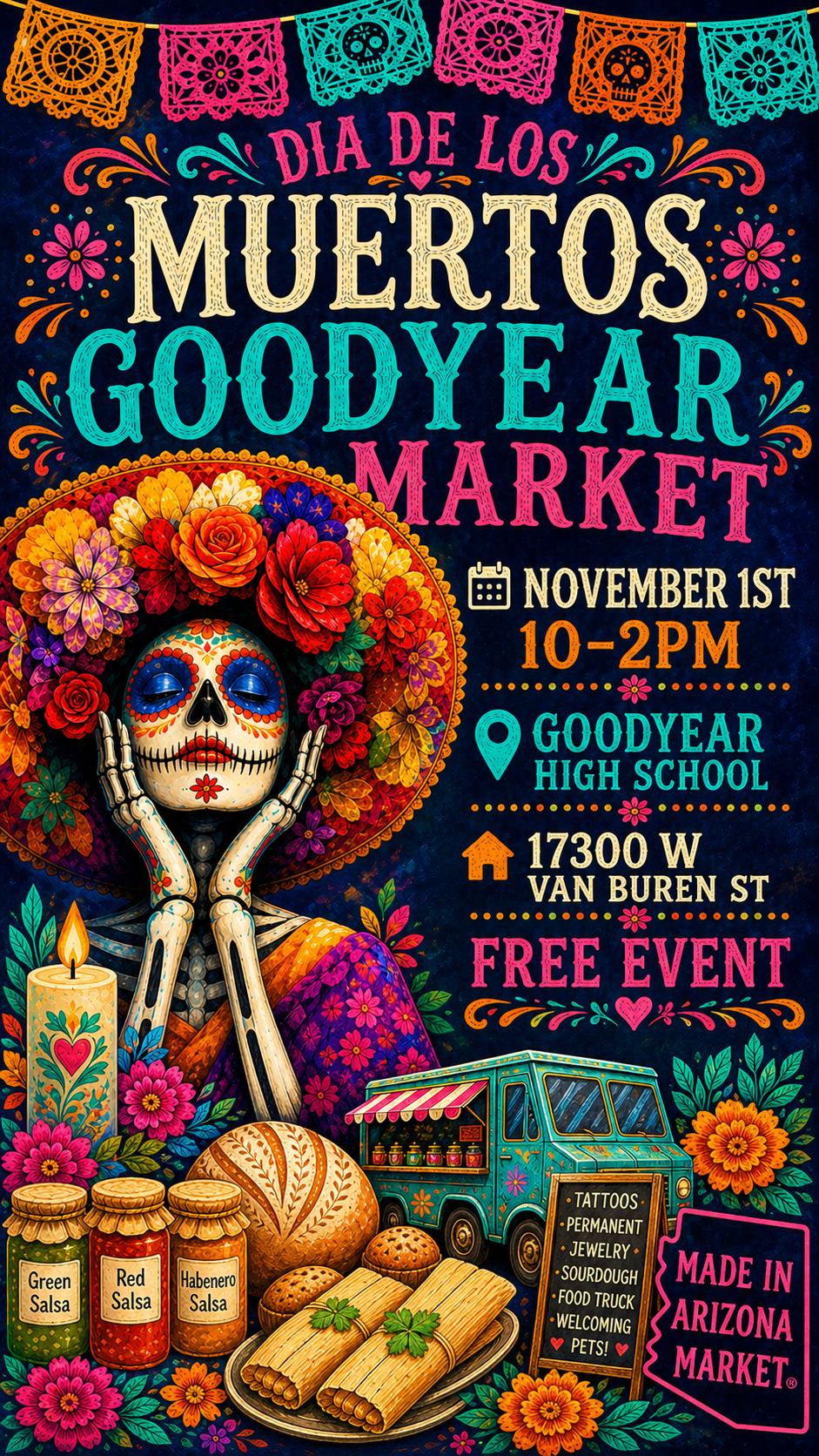 Be a Vendor at the Dia De Los Muertos Goodyear Market on November 1, 2026 for the Made in Arizona Market at the Goodyear High School