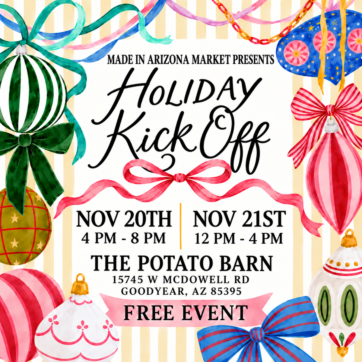 Be a Vendor at our Holiday Kick Off Night Market Friday Nov 20th & 21st at Potato Barn in Goodyear