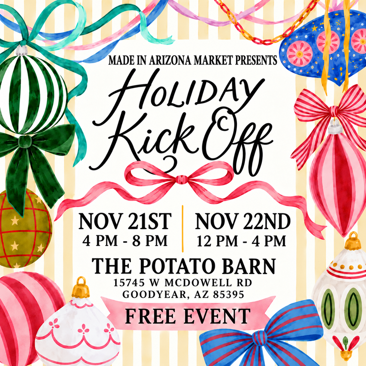 Be a Vendor at our Holiday Kick Off Night Market Friday Nov 20th & 21st at Potato Barn in Goodyear